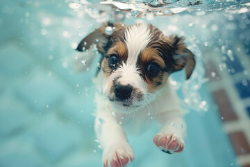 puppy swimming under water in a summer pool