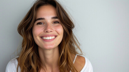 Happy attractive confident young adult or mid aged European woman posing for beauty aesthetic portrait. Beautiful lady smiling on background, attractive female model looking at camera. Close up face .