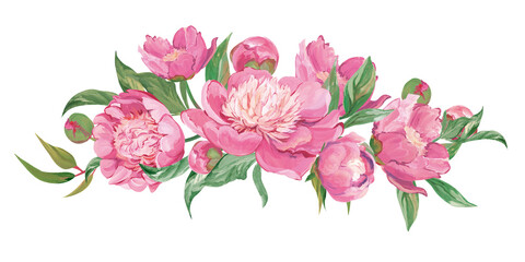 Bouquet of flowers pink peonies and botanical elements isolated on white background
