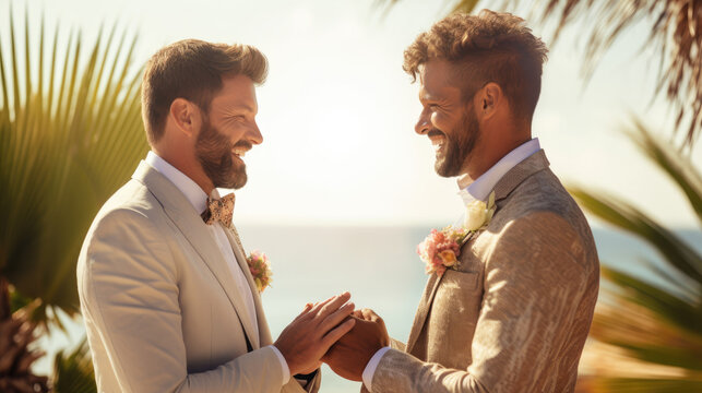 gay couple exchange rings and doing the wedding ceremony at a beach - Powered by Adobe