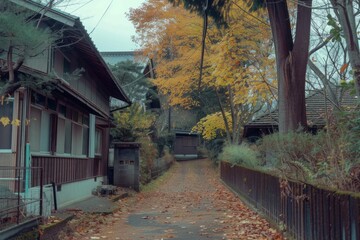 Landscape with simple house and trees nearby, concept of life and nature.