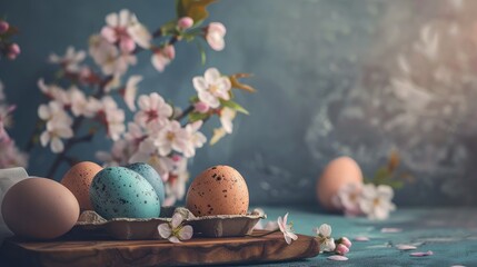 Happy Easter! Easter eggs on rustic table with cherry blossoms. Natural dyed colorful eggs in paper tray on wooden board and spring flowers in rustic room. - obrazy, fototapety, plakaty