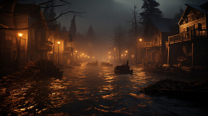 Boat moving down a flooded city street at night, with only the boats lights illuminating the water around it