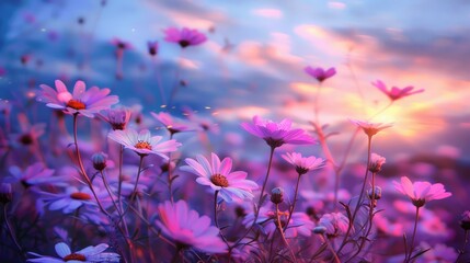 Many flowers meadow daisies in field in nature in evening at sunset. Natural landscape with beautiful sunset sky in blue pink and purple tones with soft selective focus