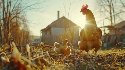 Mother hen with chickens in a rural yard. Chickens in a grass in the village against sun photos. Gallus gallus domesticus. Poultry organic farm.Sustainable economy.Natural farming.Free range chickens. - obrazy, fototapety, plakaty