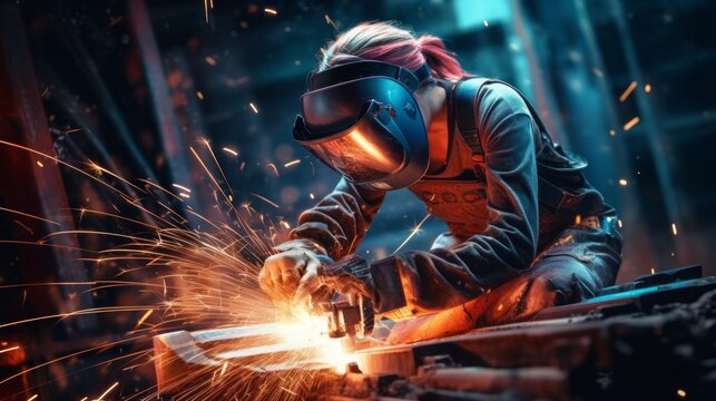 Woman working with electric welding wearing protective mask and gloves