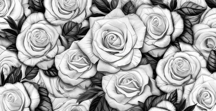 Floral seamless pattern with monochrome watercolor white roses.