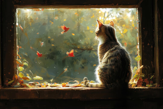 Digital art of cat watching nature's beauty from window.