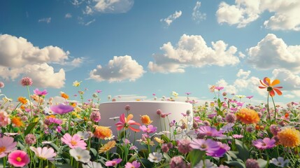 Platform and natural podium background on colorful flowers field with sky for product stand display advertising cosmetic beauty products or skincare with empty round stage