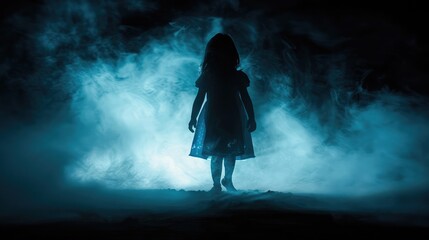 silhouette of a little girl emerges from a luminous room with smoke in the dark. The concept of children's fears and mysticism - obrazy, fototapety, plakaty