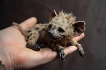 Poster Lifelike hyena cub resting gently in a human palm © Asia