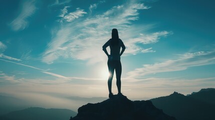 Silhouette of mental and physically strong woman standing on a mountain top. People, power, and strength concept.