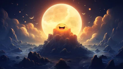 Fotobehang cartoon round moon on blue sky background, art character, good night kids © kichigin19