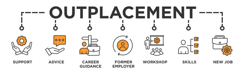 Outplacement banner web icon vector illustration concept with icon of support, advice, career guidance, former employer, workshop, skills, new job, training, and presentation