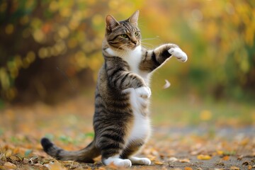 cat on its hind legs doing the twist with a playful expression