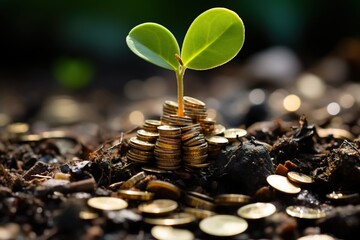 seedling growing on a pile of golden coins, concept of sustanability, environmentally friendly