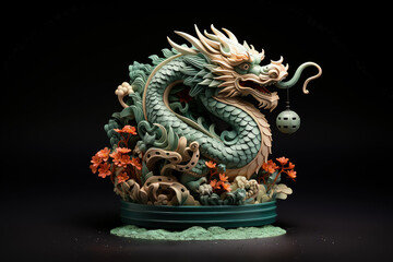 Fototapeta premium Statue of a dragon stands prominently against a black backdrop, showcasing intricate details and fierce features