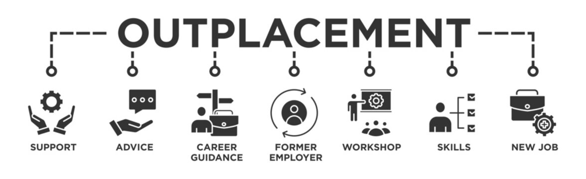 Outplacement banner web icon vector illustration concept with icon of support, advice, career guidance, former employer, workshop, skills, new job, training, and presentation