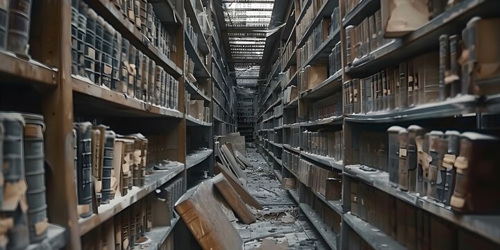 Abandoned library with rows of aging medical texts covered in dust. Concept Abandoned Places, Old Medical Books, Library Decay, Dusty Pages, Vintage Atmosphere - Powered by Adobe