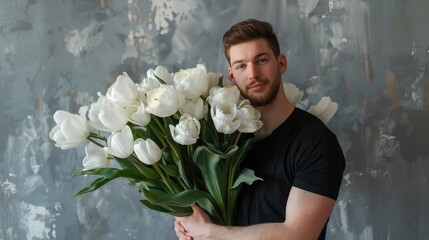 Very nice young man in a black shirt holding a huge blossoming flower bouquet of fresh white tulips on the grey wall background