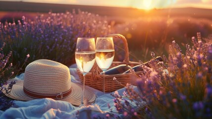 Two glasses with white wine and bottle on background of a lavender field. Straw hat and basket with...