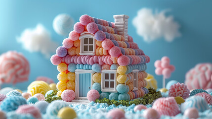 Surreal scene of a whimsical candy house surrounded by fluffy clouds and pastel pink trees under a blue sky.