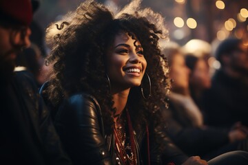 With infectious energy and a bright smile, a young African American woman dances freely, fully immersed in the lively atmosphere of the disco party, where fun knows no bounds - obrazy, fototapety, plakaty