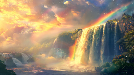 Majestic Waterfalls Echoes of Serenity ,
Rainbow over the waterfall with a rainbow in the background