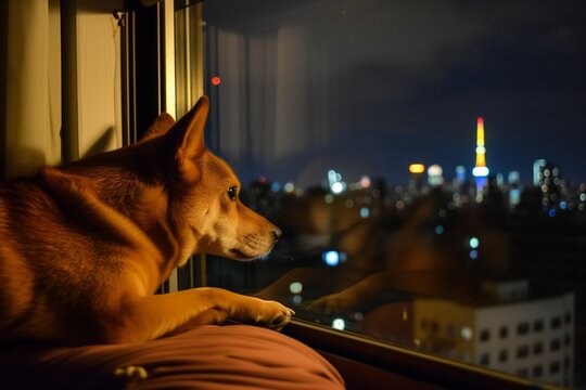 forlorn dog at window, distant city tower lights dotting dark