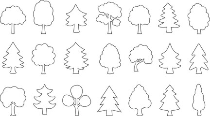 Trees line icons set. Plants, landscape design, fir tree, succulent, privacy shrub, lawn grass, flowers black vector collection isolated on transparent background. tree simple silhouettes nature.