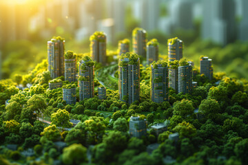 Obraz premium The efficient infrastructure of a smart city against the organic sprawl of a rainforest, symbolizing the intricate dance between human ingenuity and the wild complexity of nature. Generative Ai.