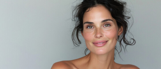 Happy attractive confident European woman of middle age posing for beauty portrait. Beautiful mid aged mature lady smiling on background, attractive female model looking at camera. Close up face .
