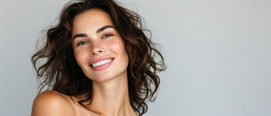Happy attractive confident young adult or mid aged European woman posing for beauty aesthetic portrait. Beautiful lady smiling on background, attractive female model looking at camera. Close up face .