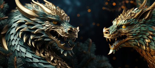 Obraz premium Two dragon statues in green and gold colors positioned next to each other
