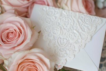 closeup of lacy white envelope on roses bed