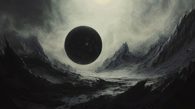 Black sun background, dead black sun landscape illustration