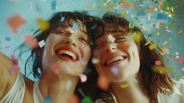 two beautiful joyful woman enjoy herself and smiling in falling shiny confetti