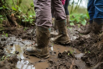 volunteers footwear during a muddy habitat restoration project
