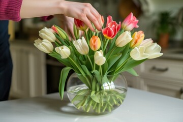 florist placing tulips in a glass vase