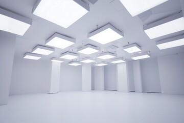 monochromatic white room with a ceiling of shifting light panels - obrazy, fototapety, plakaty