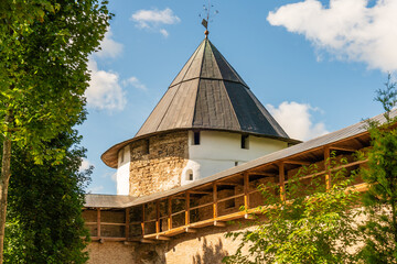 Pechory, Russia, September 7, 2023. Watchtower of the wall of the Pskov-Pechersky Monastery.