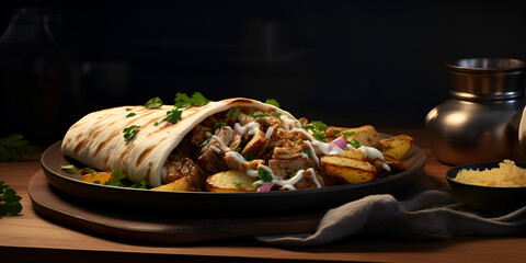 Side view shawarma with fried potatoes in board cookware Chicken roll
