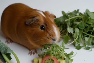 guinea pig eating fresh vegetables on a white background
