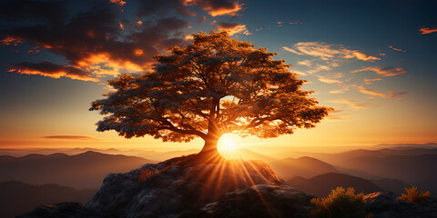 A single tree, its branches play with the rays of the sun, as if it announces a new beginning and