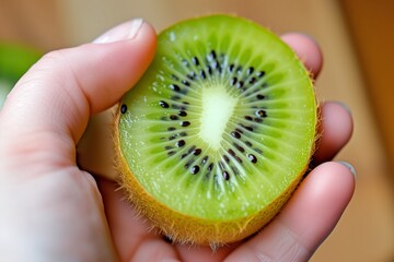 hand holding a kiwi half with visible seeds