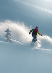 Snowboarding Powder Snow. A snowboarder making a powder turn on a piste covered with fresh snow on...