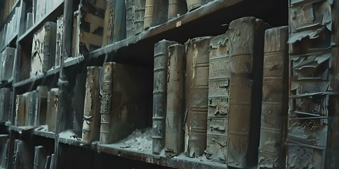Abandoned library with shelves filled with weathered medical books covered in dust. Concept Abandoned Places, Vintage Books, Dusty Shelves, Creepy Atmosphere, Eerie Library - obrazy, fototapety, plakaty