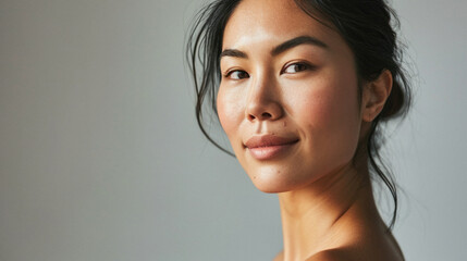 Beautiful Asian woman of middle age posing for beauty portrait. Pretty mature adult lady model from Asia looking at camera smiling on background advertising anti aging skin care. Face skincare .