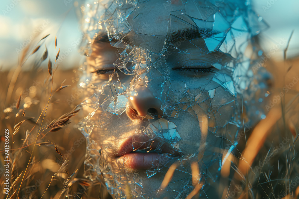 Poster a distorted figure with a shattered mirror as a face, reflecting the fractured sense of identity in 