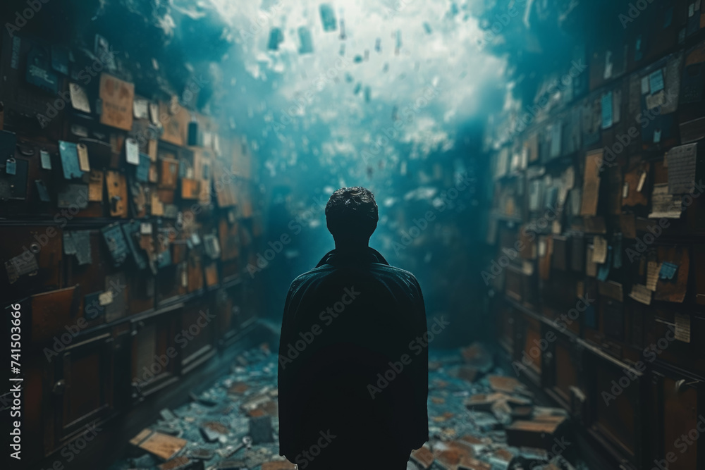 Poster a figure surrounded by floating keys and locks, illustrating the complexity of unlocking hidden thou